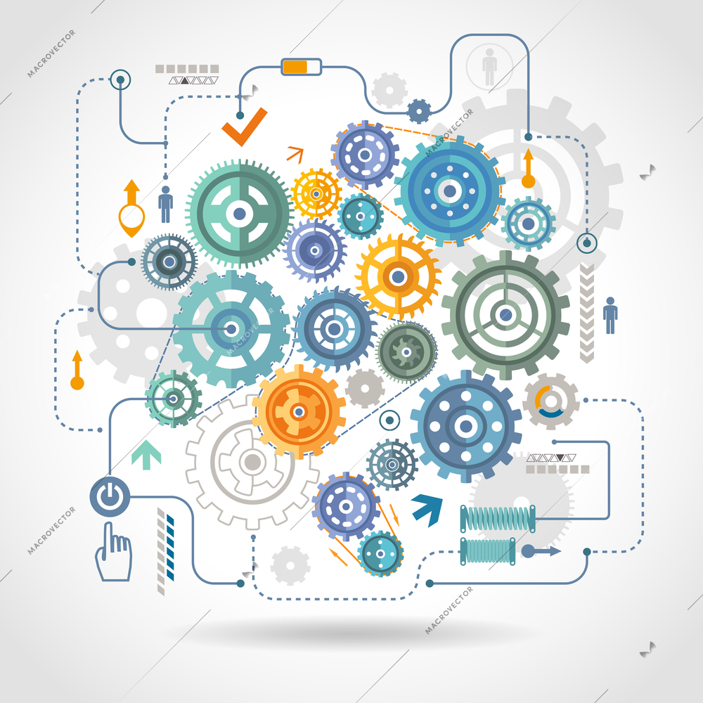 Cogwheels gear mechanical mechanism detail rotation work  schema with relay switch and start button abstract vector illustration