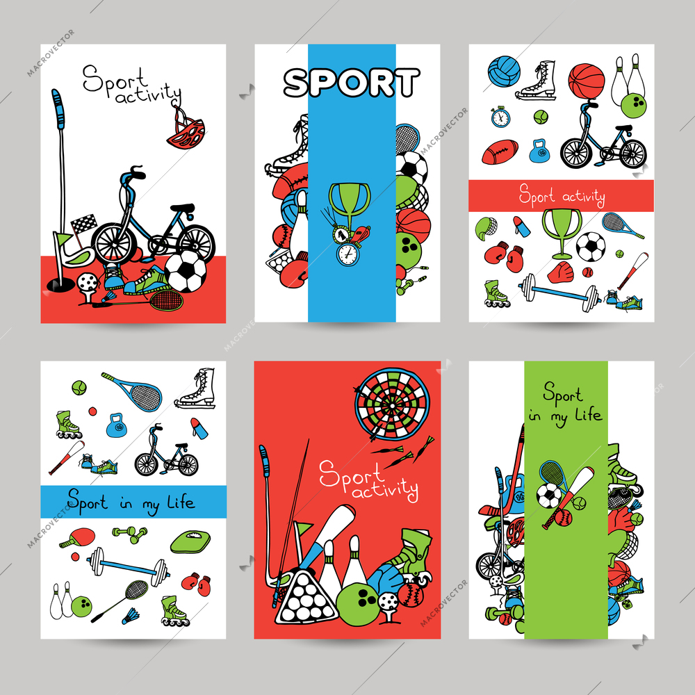 Sport vertical paper banner set with sketch game equipment isolated vector illustration