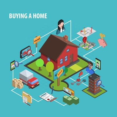 Real estate buying concept with isometric house choosing icons vector illustration