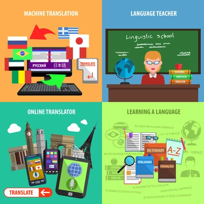 Square decorative icons with machine translation language teacher and online learning vector illustration