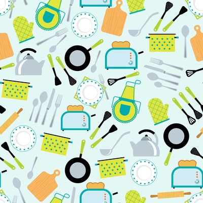 Home cooking kitchen accessories tools  gear and utensils decorative seamless wrap paper tileable pattern abstract vector illustration