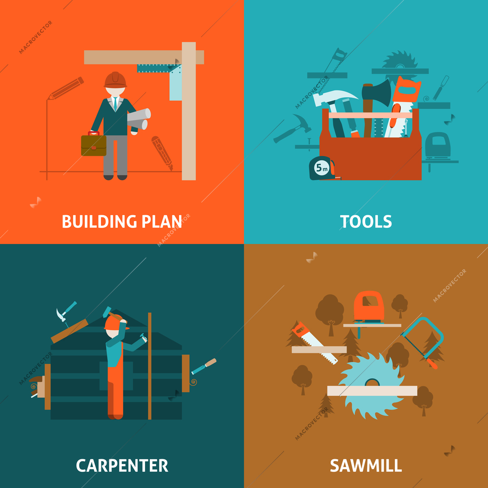 Carpenter building and  house renovation concept 4 flat icons composition square with tools abstract vector isolated illustration