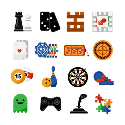 Traditional and popular electronic internet  gambling games of fortune symbols  flat icons set abstract isolated vector illustration