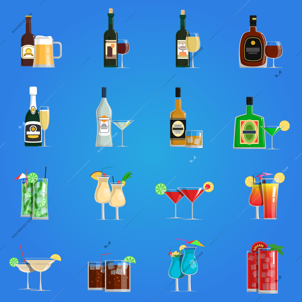 Cocktail icons flat set with alcohol drinks in bottles and glasses isolated vector illustration