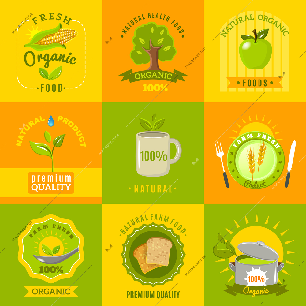 Natural food from ecologically grown crops and vegetables emblems flat icons set abstract isolated vector illustration