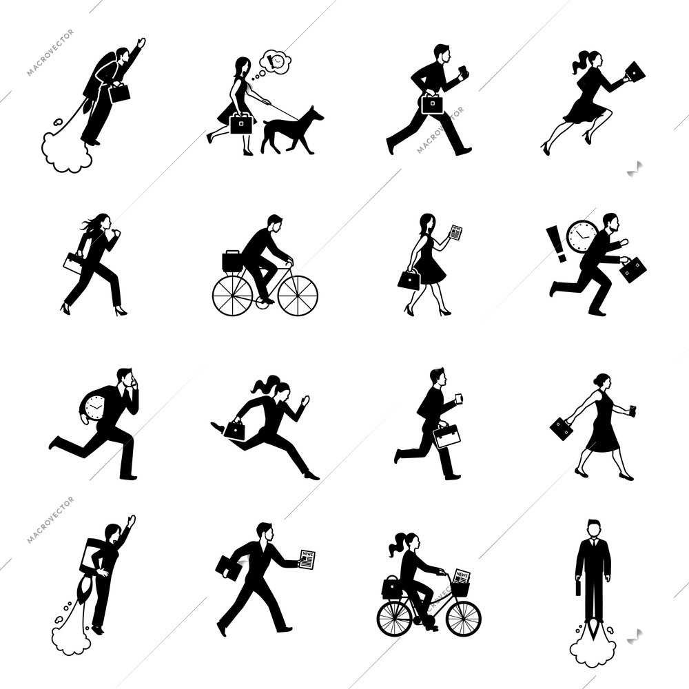 Monochrome flat icons set of hurrying business men and women in suits isolated vector illustration