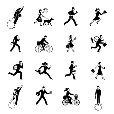 Monochrome flat icons set of hurrying business men and women in suits isolated vector illustration