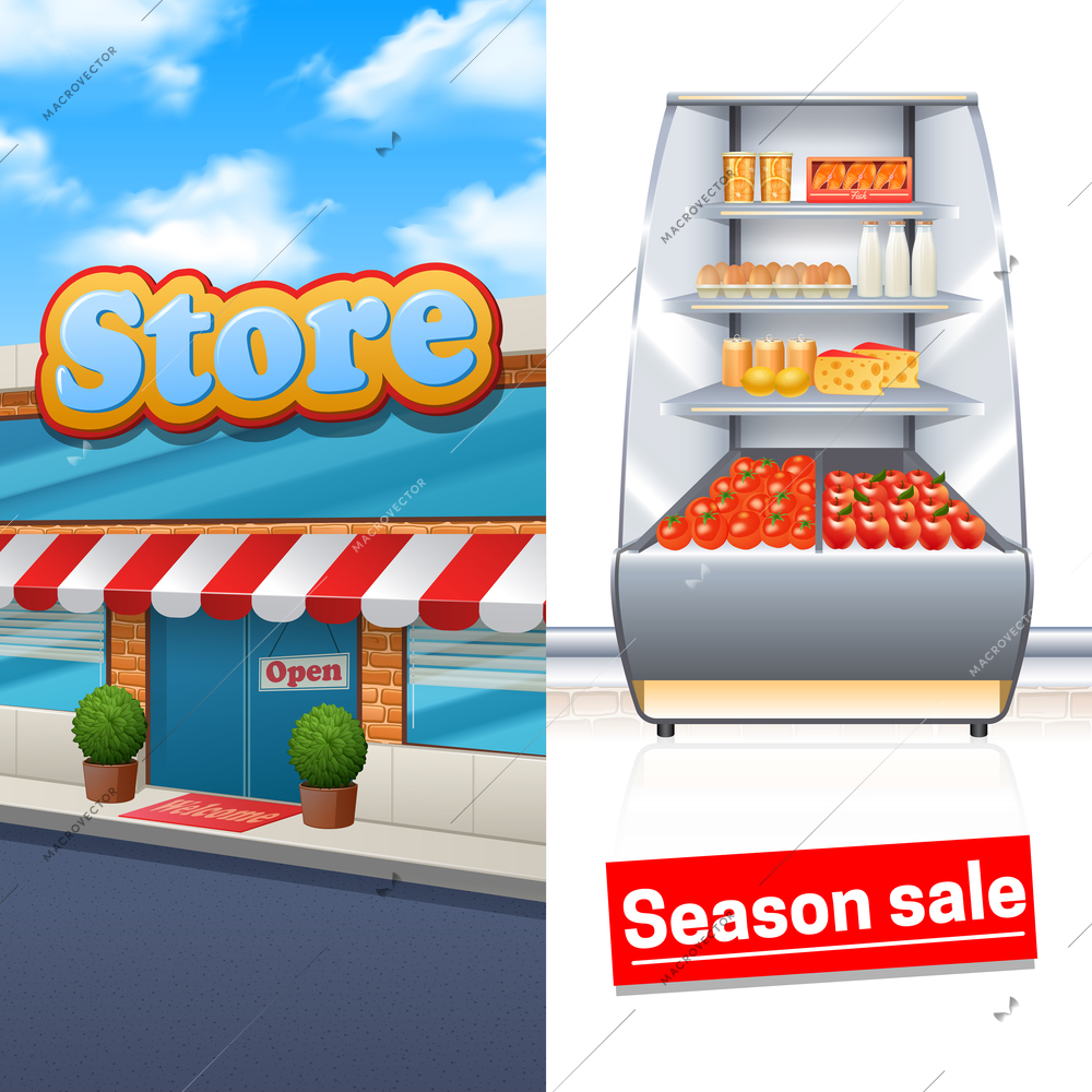 Supermarket vertical banner set with store building and products shelf isolated vector illustration