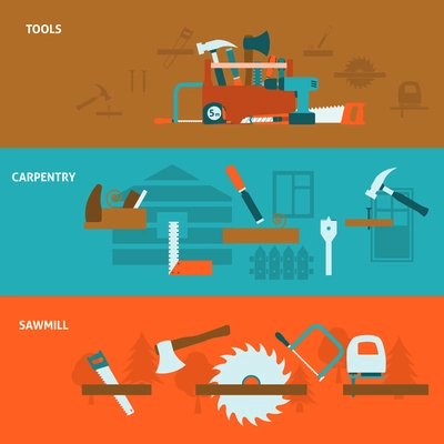 Carpentry works service horizontal flat banners set poster with sawmill and tools kit abstract vector isolated illustration