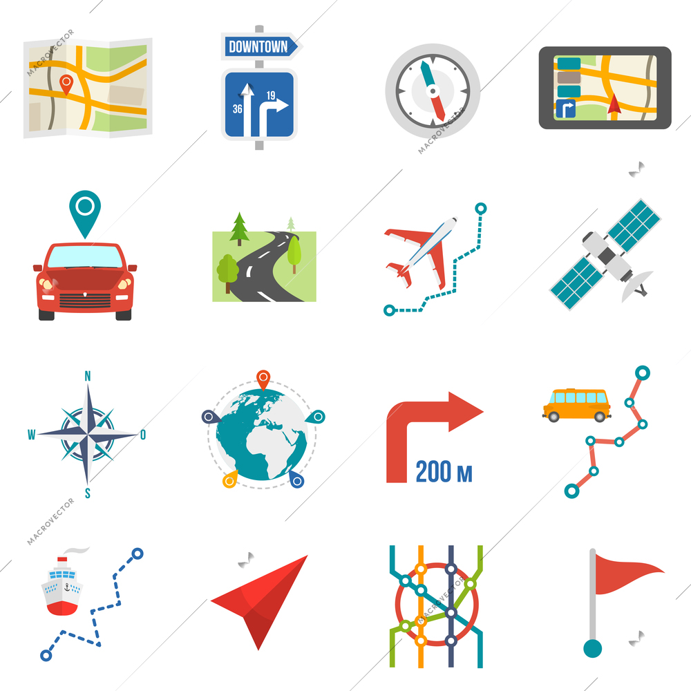 Map and gps navigation icons flat set isolated vector illustration