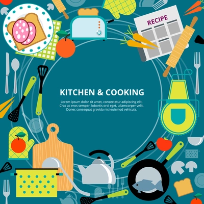 Home healthy and fast cooking  concept poster with kitchen appliances and recipes  pictograms composition abstract vector illustration