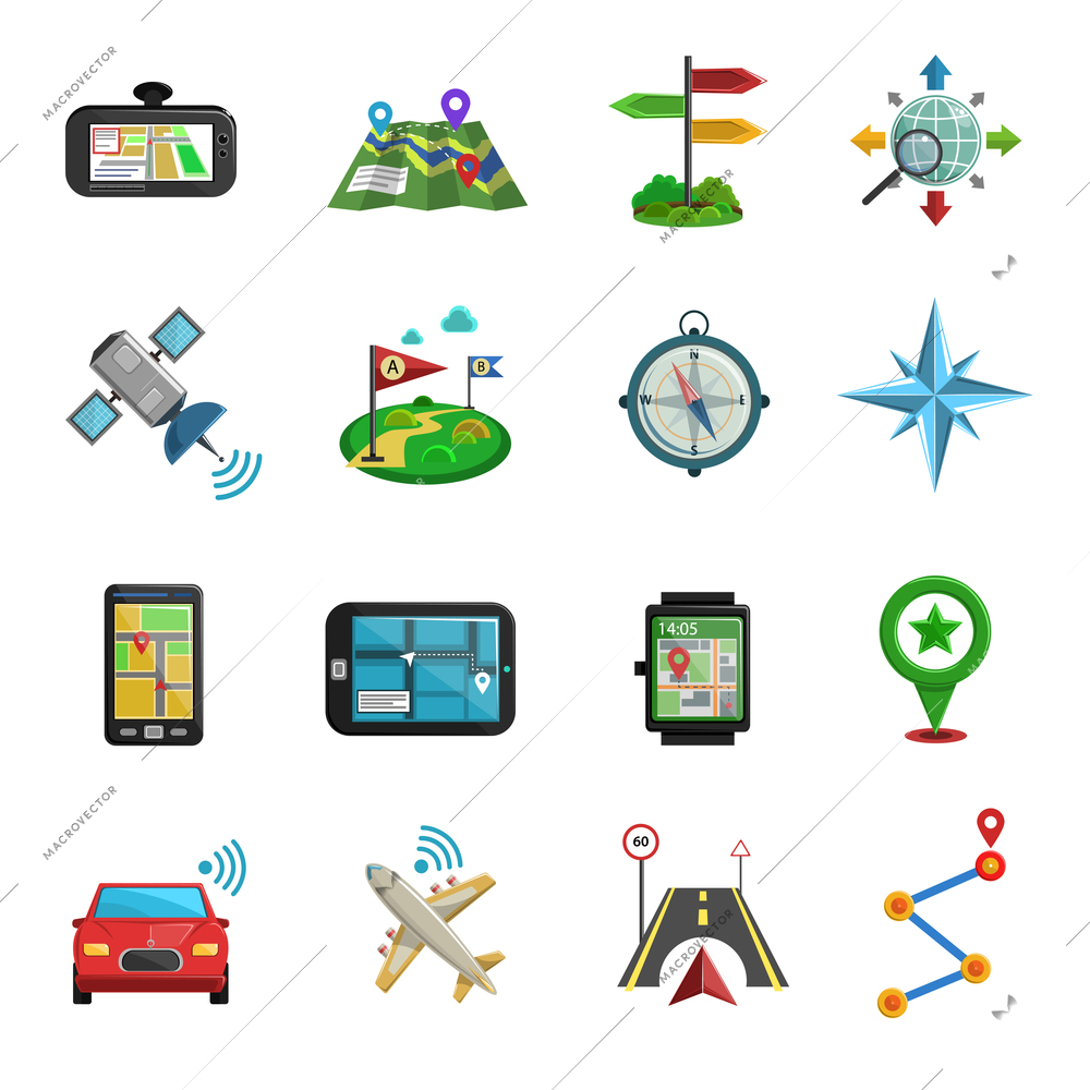 Car and plane location maps compasses and gps navigation flat color icon set isolated vector illustration