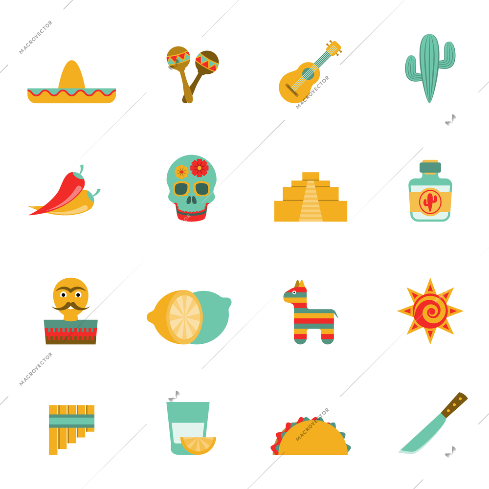 Mexican culture symbols flat icons set with tequila cocktail and hot chili peppers abstract isolated vector illustration