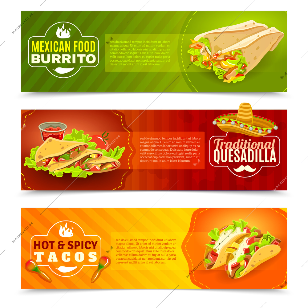 Mexican tradition futures and cuisine or food flat color horizontal banner set isolated vector illustration