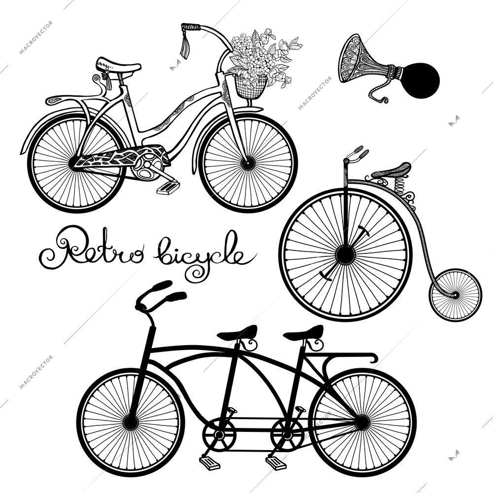 Retro style mono and tandem bicycles hand drawn set isolated vector illustration