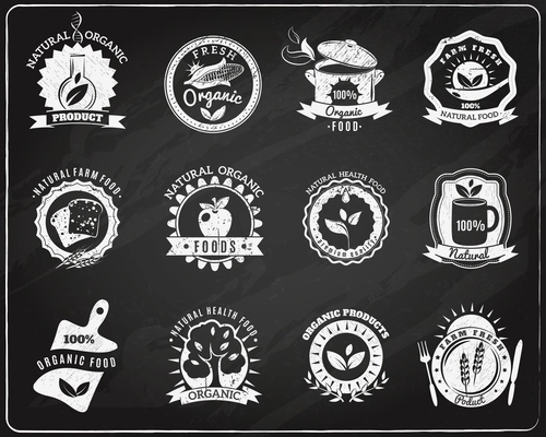 Organic nature friendly food producing brands blackboard templates labels icons set white chalk abstract isolated vector illustration