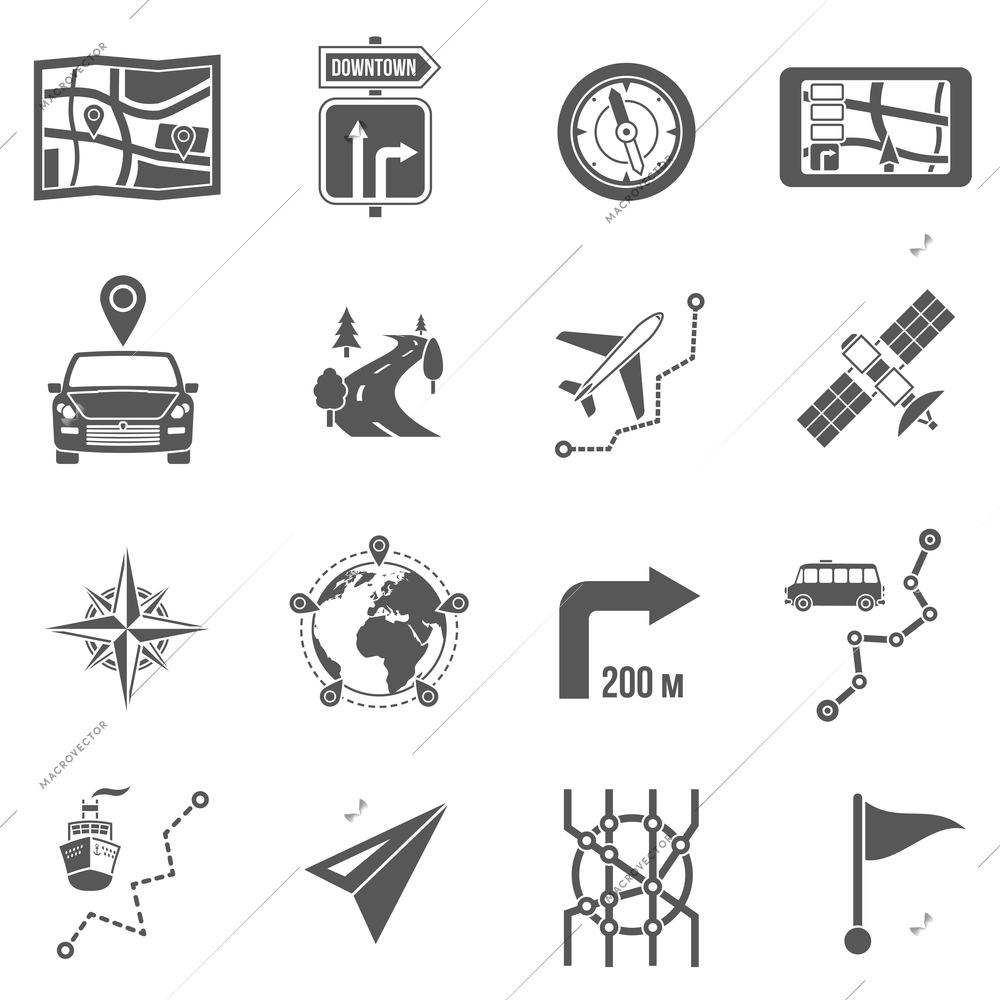 Map icons black set with direction arrows and position markers isolated vector illustration