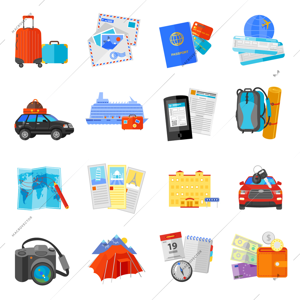 Vacation travel flat icons collection  with ocean liner cruise pictures and flight tickets abstract isolated vector illustration