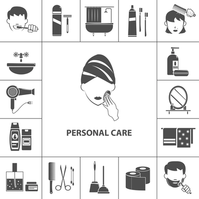 Personal care morning hygienic routine black pictograms collection with woman cleaning her skin poster abstract vector illustration