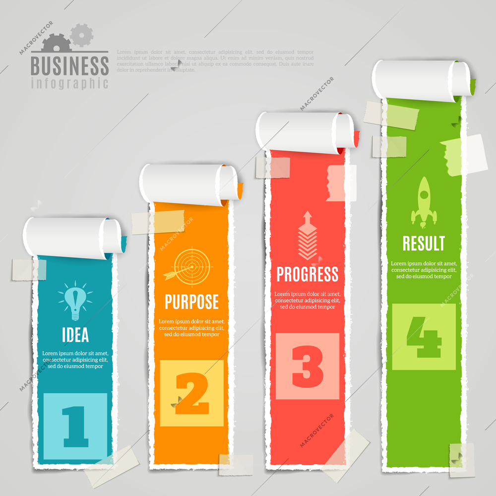 Paper taped staged idea purpose progress result color infographic set realistic 3d vector illustration