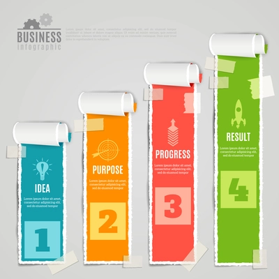 Paper taped staged idea purpose progress result color infographic set realistic 3d vector illustration