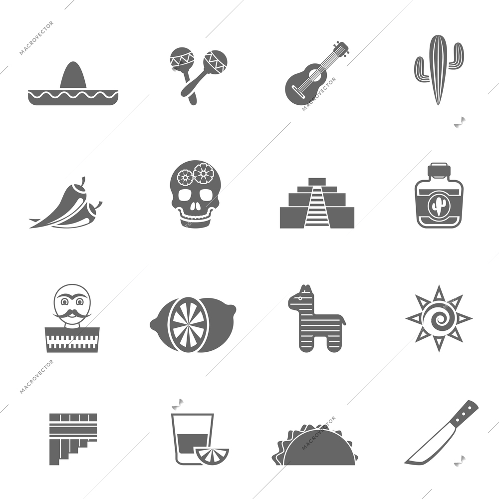 Mexican national culture symbols black icons set with sombrero lemon cocktail and cactus abstract isolated vector illustration