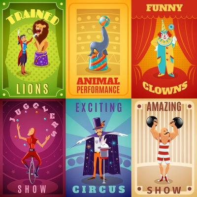 Travelling circus amazing show announcement 6 flat banners composition with trained animals performance abstract isolated vector illustration