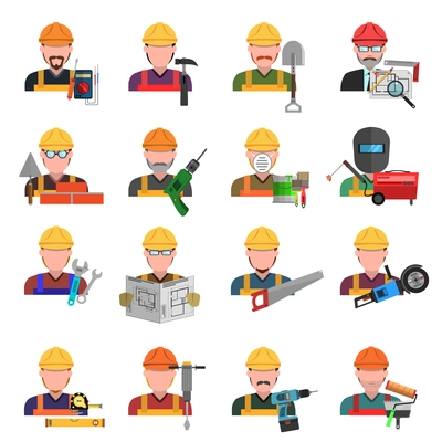 Worker and engineer avatars flat icons set isolated vector illustration