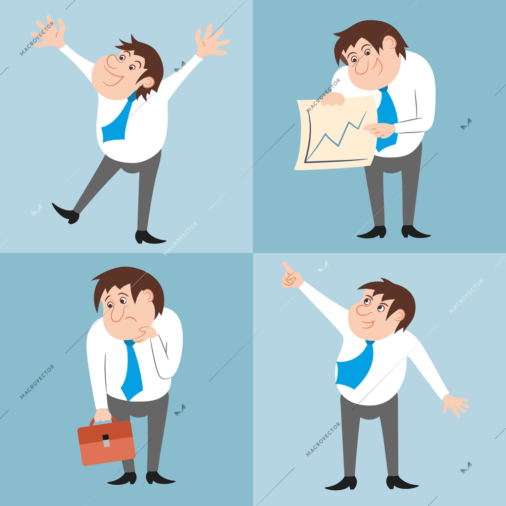 Businessman character poses funny emotions set vector illustration