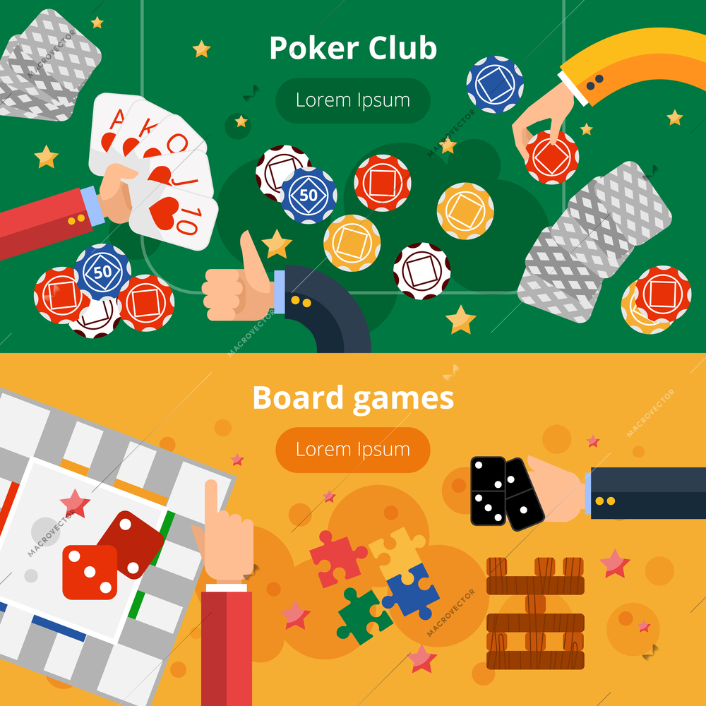 Online poker club and board gambling games interactive webpage two flat banners design abstract isolated vector illustration