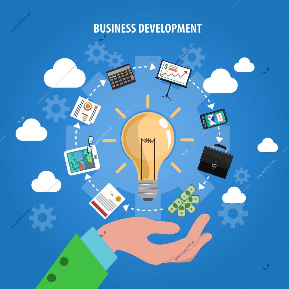 Business development concept with human hand and idea symbols flat vector illustration