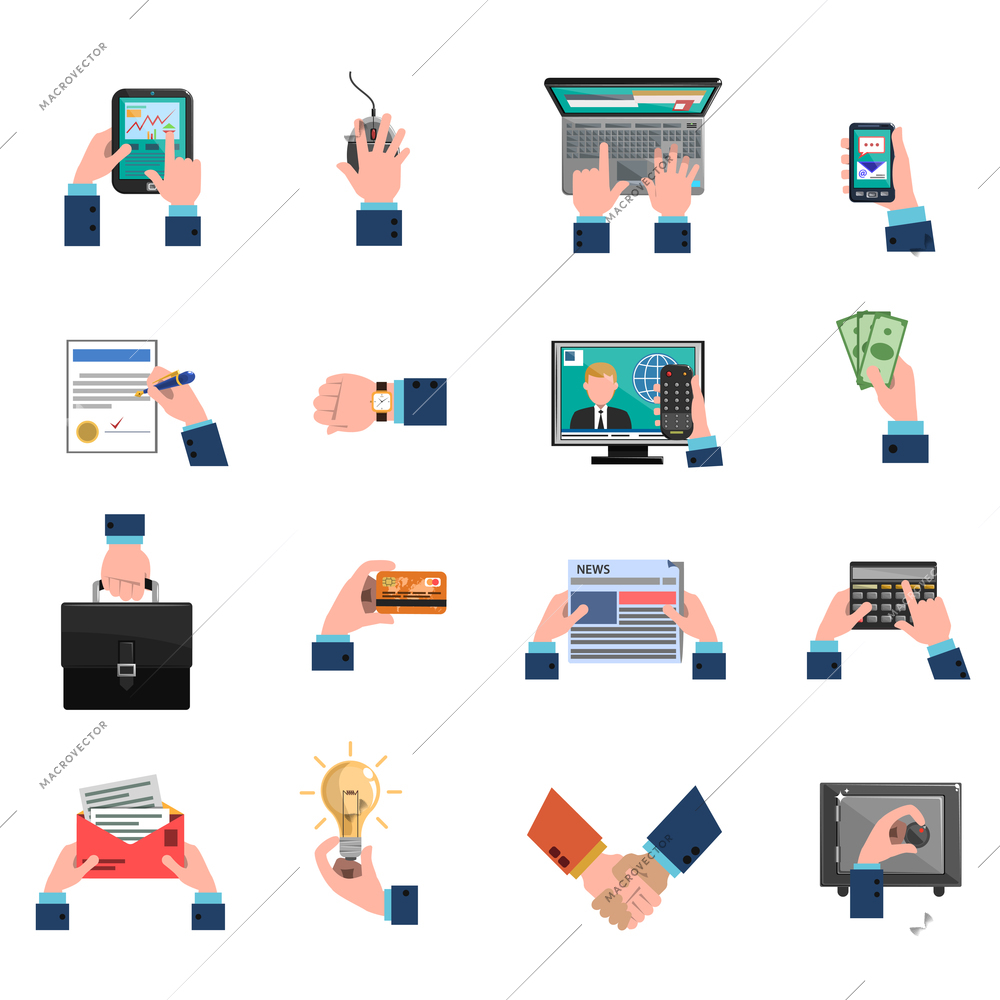 Business hands holding different commerce and financial symbols icons flat set isolated vector illustration