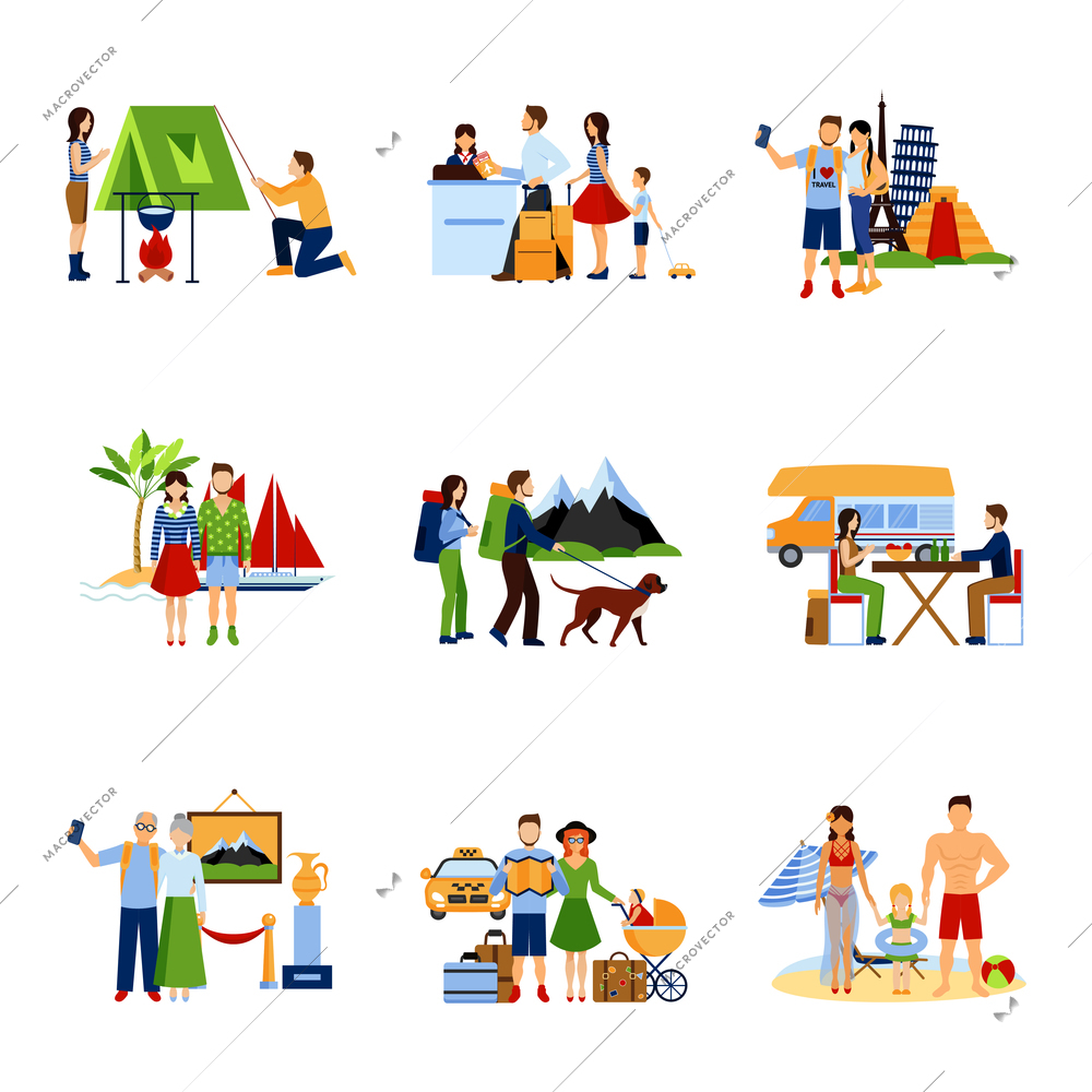 Different options of vacation and traveling for couples and families flat images set isolated vector illustration