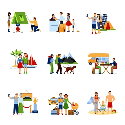 Different options of vacation and traveling for couples and families flat images set isolated vector illustration