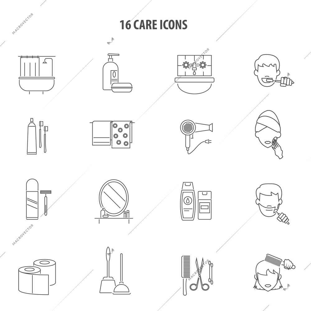 Personal care hygiene products for men and women bathroom accessories line icons set abstract vector isolated illustration