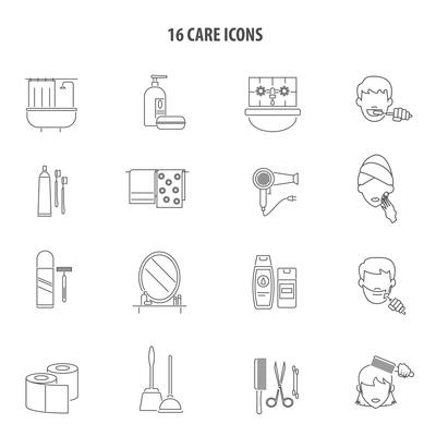 Personal care hygiene products for men and women bathroom accessories line icons set abstract vector isolated illustration