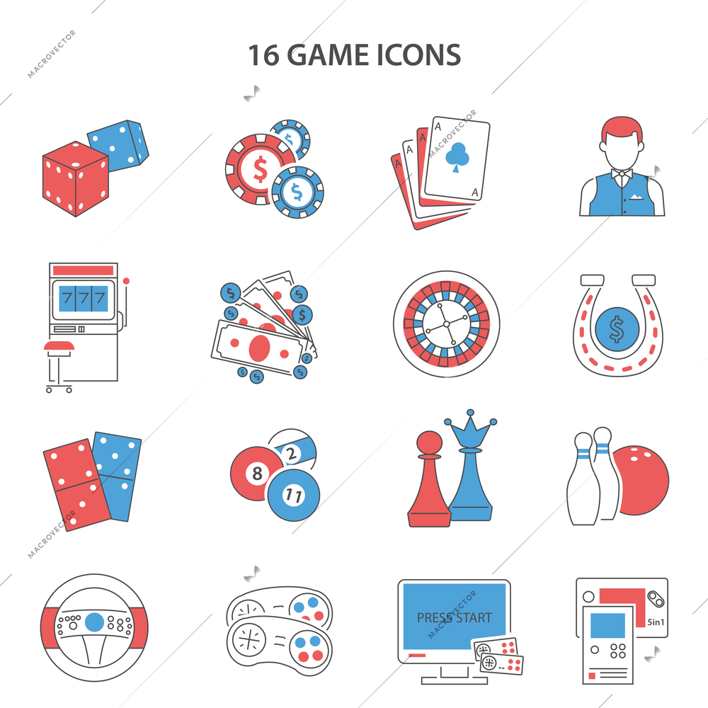 Game and gambling line icons set with slot machine cards and video flat isolated vector illustration