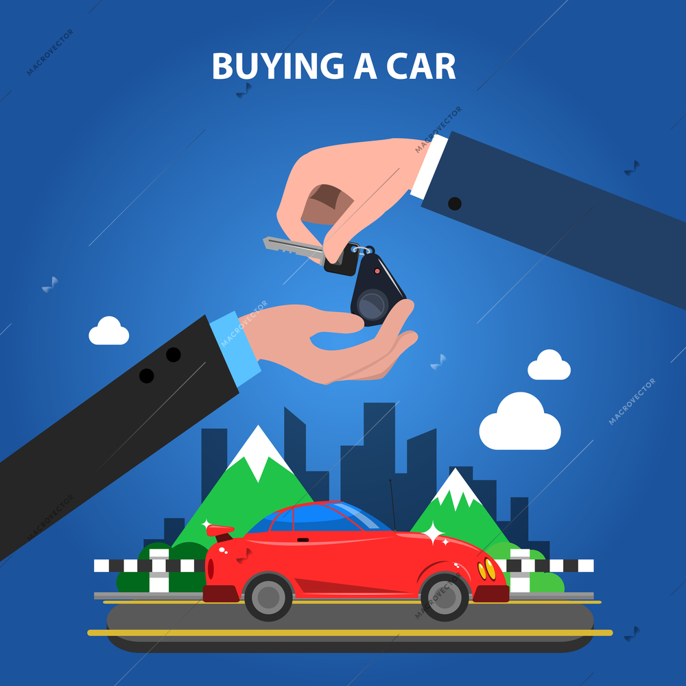 Buying a car concept with one hand giving keys to another flat vector illustration
