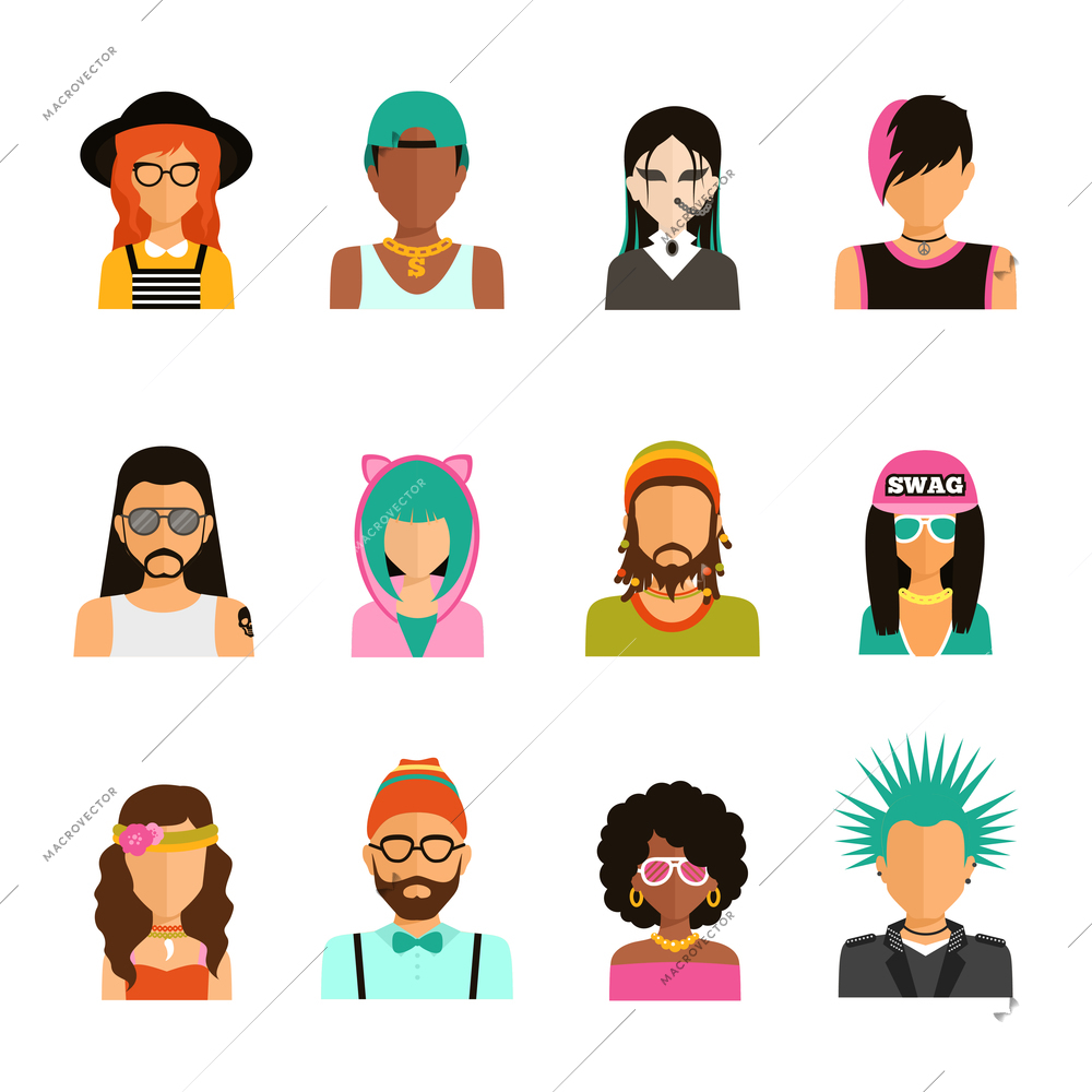 Different subcultures man and woman color portrait icons set in trendy flat style isolated vector illustration