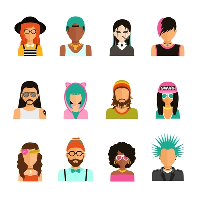 Different subcultures man and woman color portrait icons set in trendy flat style isolated vector illustration