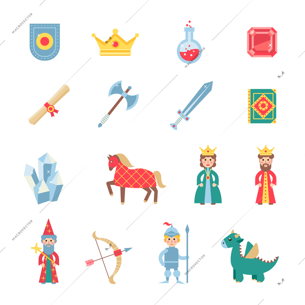 Medieval games flat icons set with crowned knight heraldic  shield and glaive flat abstract isolated vector illustration