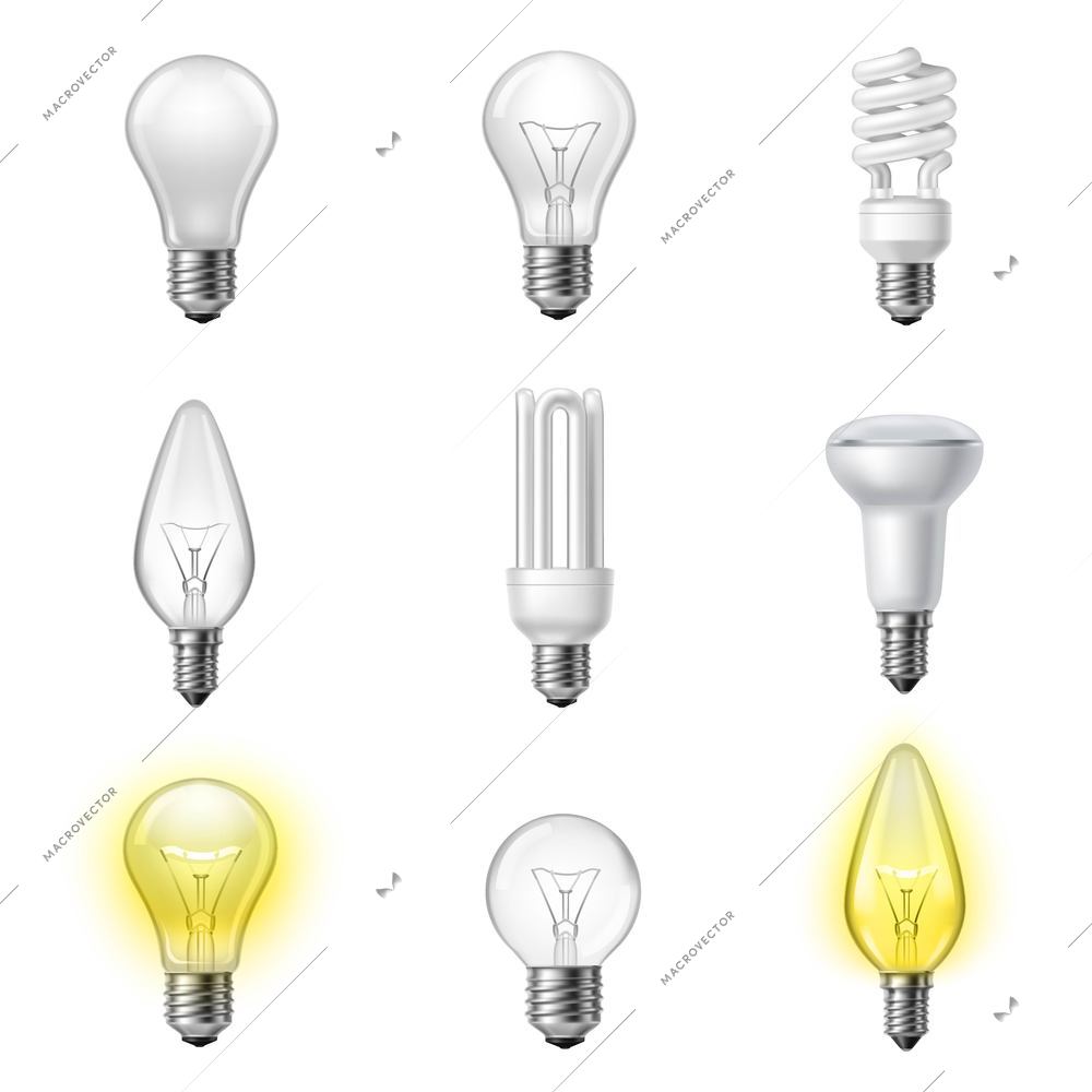 Low energy fluorescent halogen and commonly used different types light bulb realistic pictograms set collection vector illustration