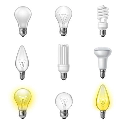 Low energy fluorescent halogen and commonly used different types light bulb realistic pictograms set collection vector illustration