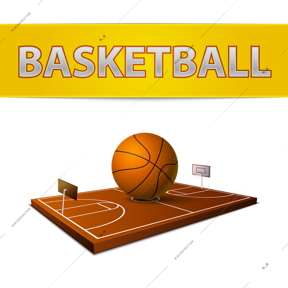Realistic basketball ball and field with rings emblem isolated vector illustration
