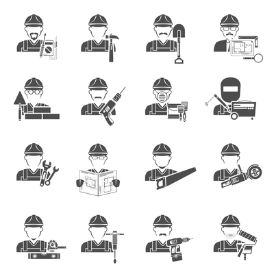 Worker icons black set with painter lumberjack and labor avatars isolated vector illustration