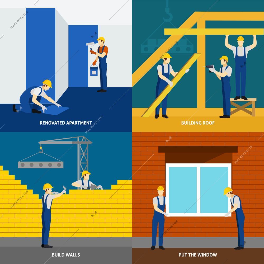 Building construction process and apartment block renovation 4 flat icons square composition banner abstract isolated vector illustration