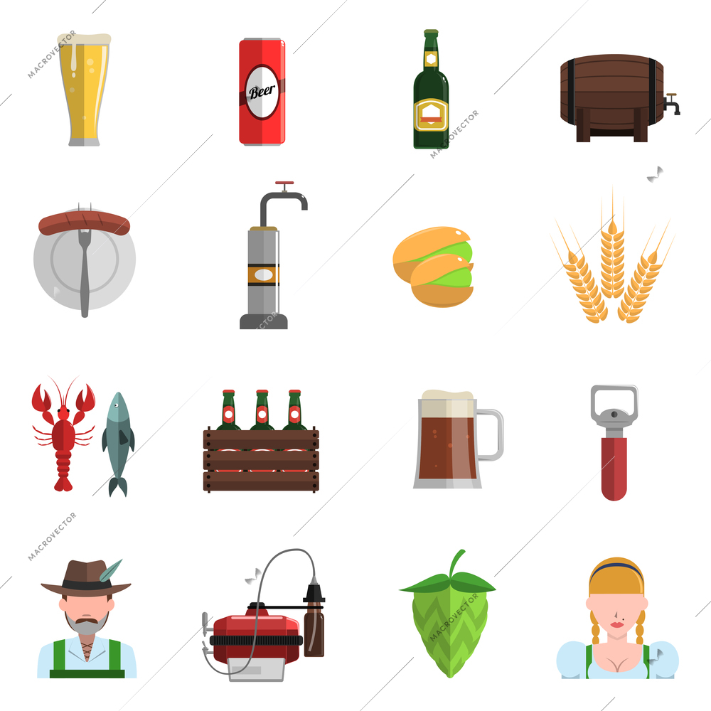 Beer festival Oktoberfest symbols icons flat set isolated vector illustration