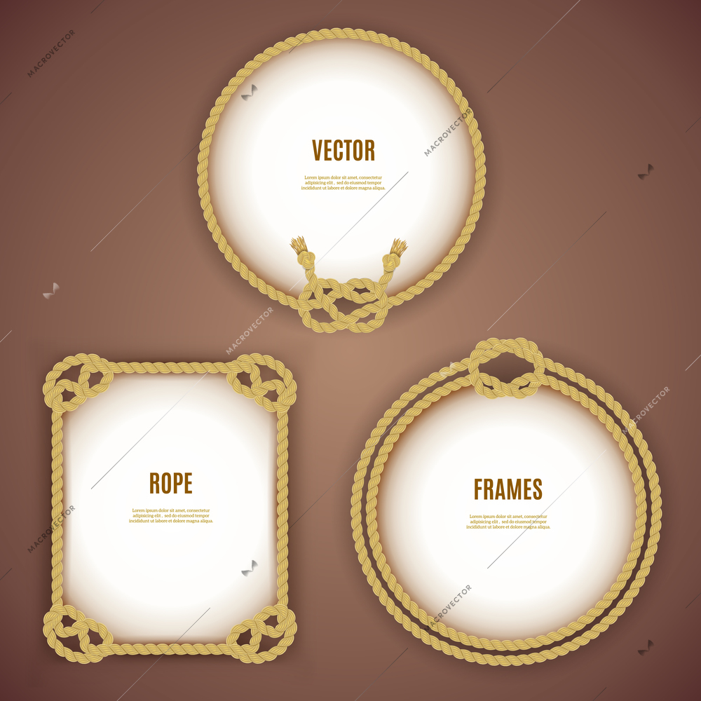 Round and square vintage rope frames on the brown background isolated vector illustration