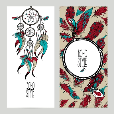 Boho style vertical banner set with sketch dreamcatcher and feathers isolated vector illustration