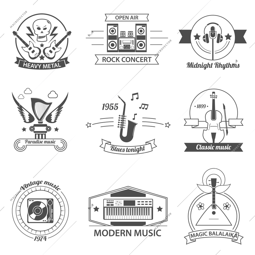 Black and white music styles labels with classic rock metal blues balalaika isolated vector illustration